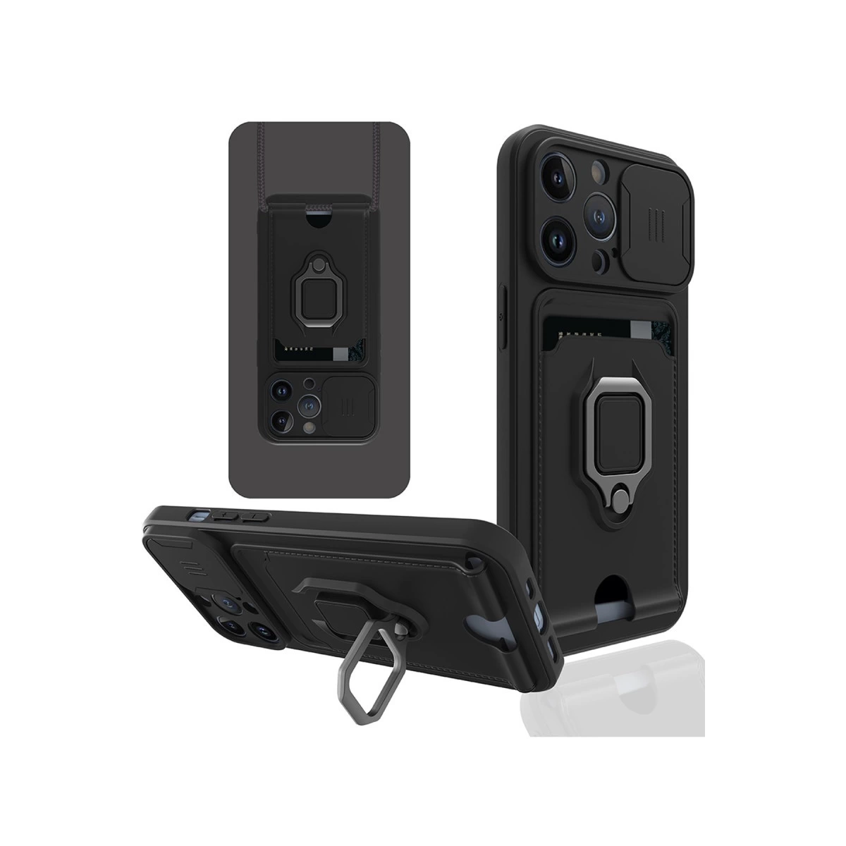 İphone 13 Pro Kılıf Zuma Kartvizitli Yüzüklü Silikon - Siyah