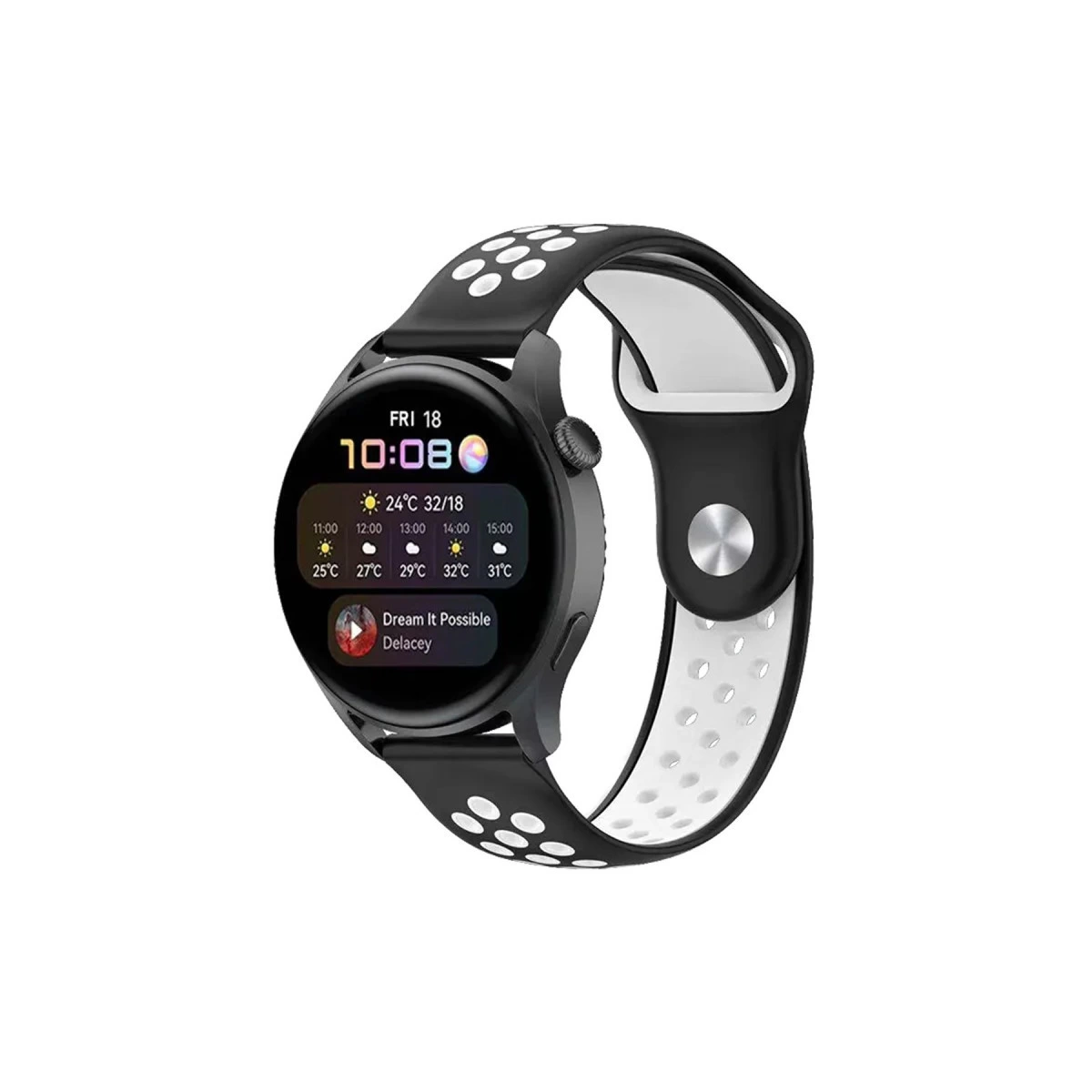 Watch 20mm Spor Delikli Kordon - Siyah-beyaz