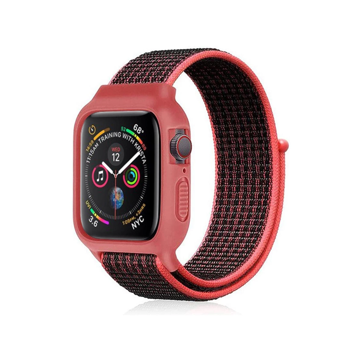 Apple Watch 38mm Hasırlı Cırtcırtlı Kasalı Kordon - Siyah-pembe