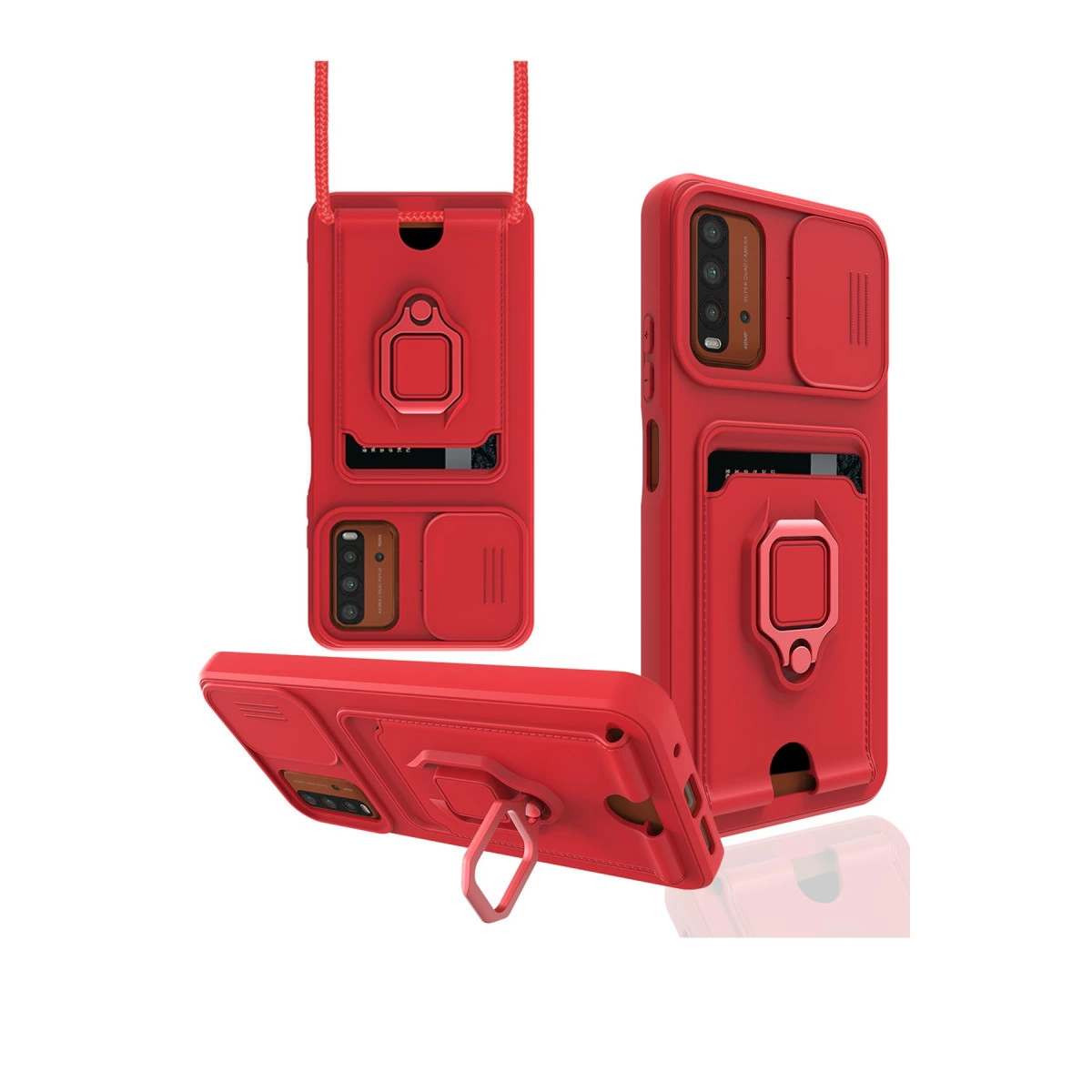 Xiaomi Redmi 9t Kılıf Zuma Kartvizitli Yüzüklü Silikon - Kırmızı