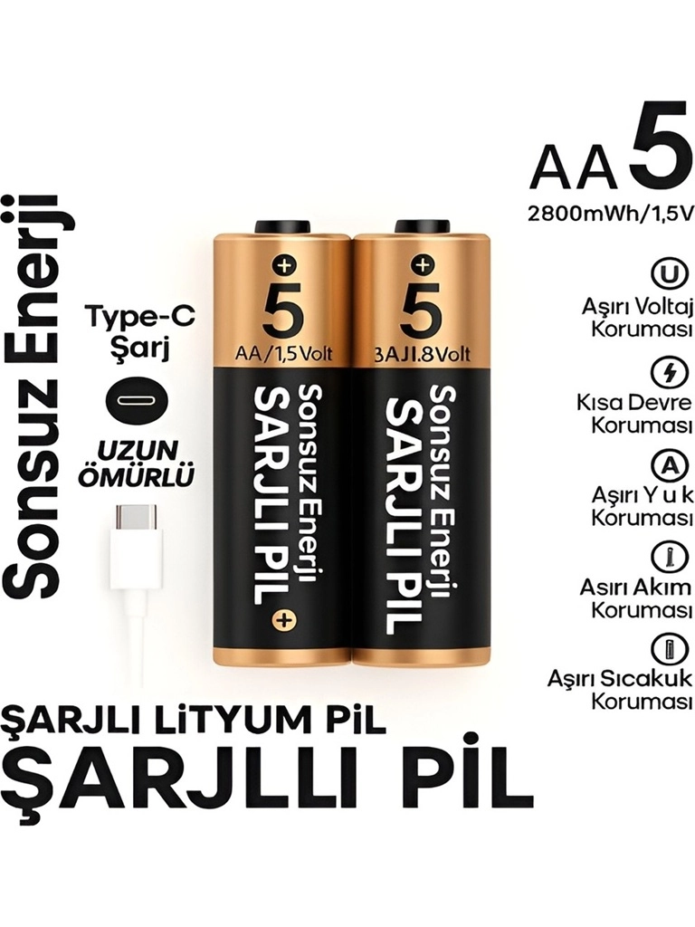 Type-c Şarjlı 2800mwh 1.5v Şarj Edilebilir 2’li Aa5 Kalın Pil - Lityum Iyon Batarya