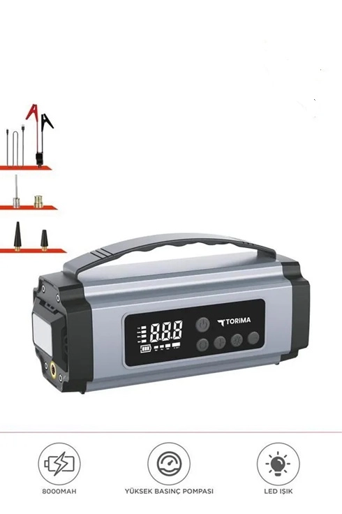 Taşnabilir Dijital Ekranlı Araç Akü Takviyeli Işıklı Oto Marş Hava Kompresörü