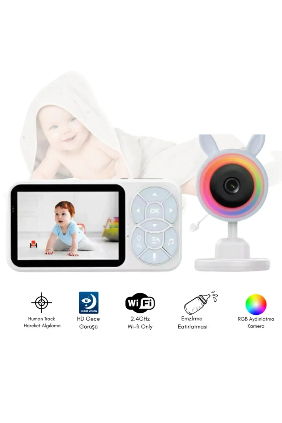 Bebek Kamerası Kumandalı Monitörlü Konuşma Özellikli Işıklı Gece Görüslü Hatırlatıcılı Kamera