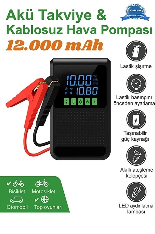 C228 Şarjlı 12.000 Mah Taşınabilir Çantalı Araç Akü Şarj Takviyeli Işıklı Hava Kompresörü