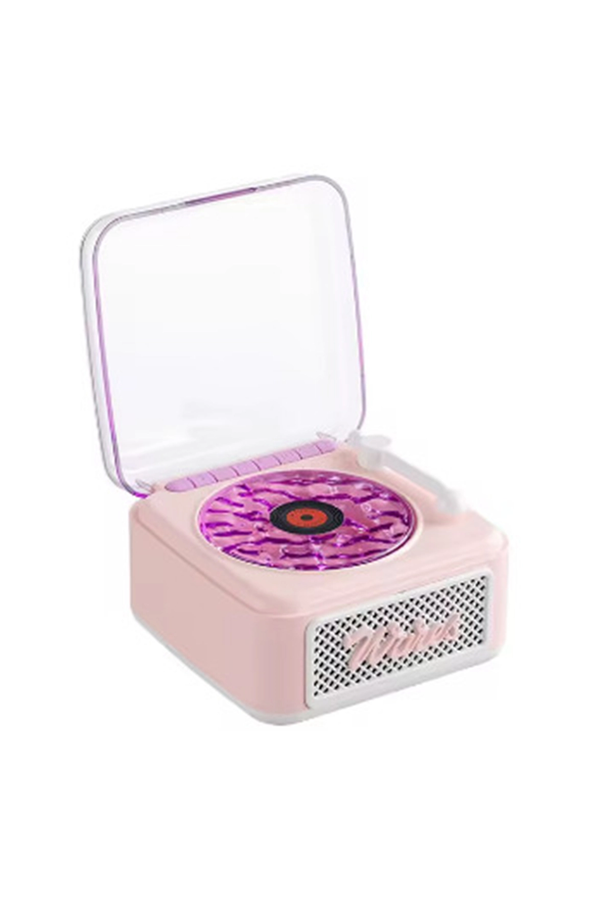 Nostalji Mini Plak Görünümlü Radyolu Bluetooth Hoparlör 3d Ses Dalgası Retro Müzik Plak Pembe