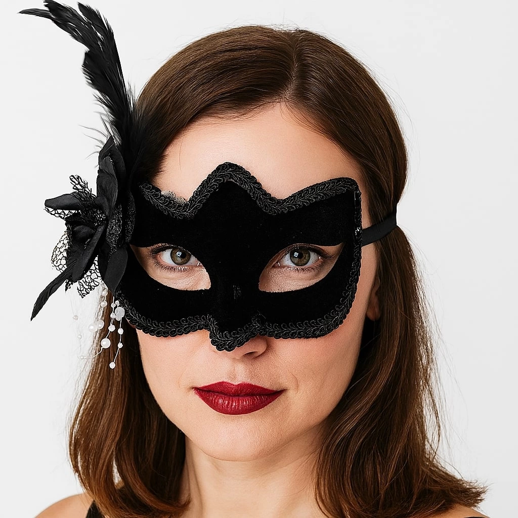Siyah Renk Yandan Tüylü Beyaz İncili Süet Kaplama A Kalite Lüks Parti Maskesi 20x23 Cm