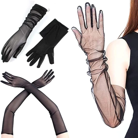 Uzun Boy Likralı Siyah Renk Yetişkin Mega Tül Eldiven 53 Cm