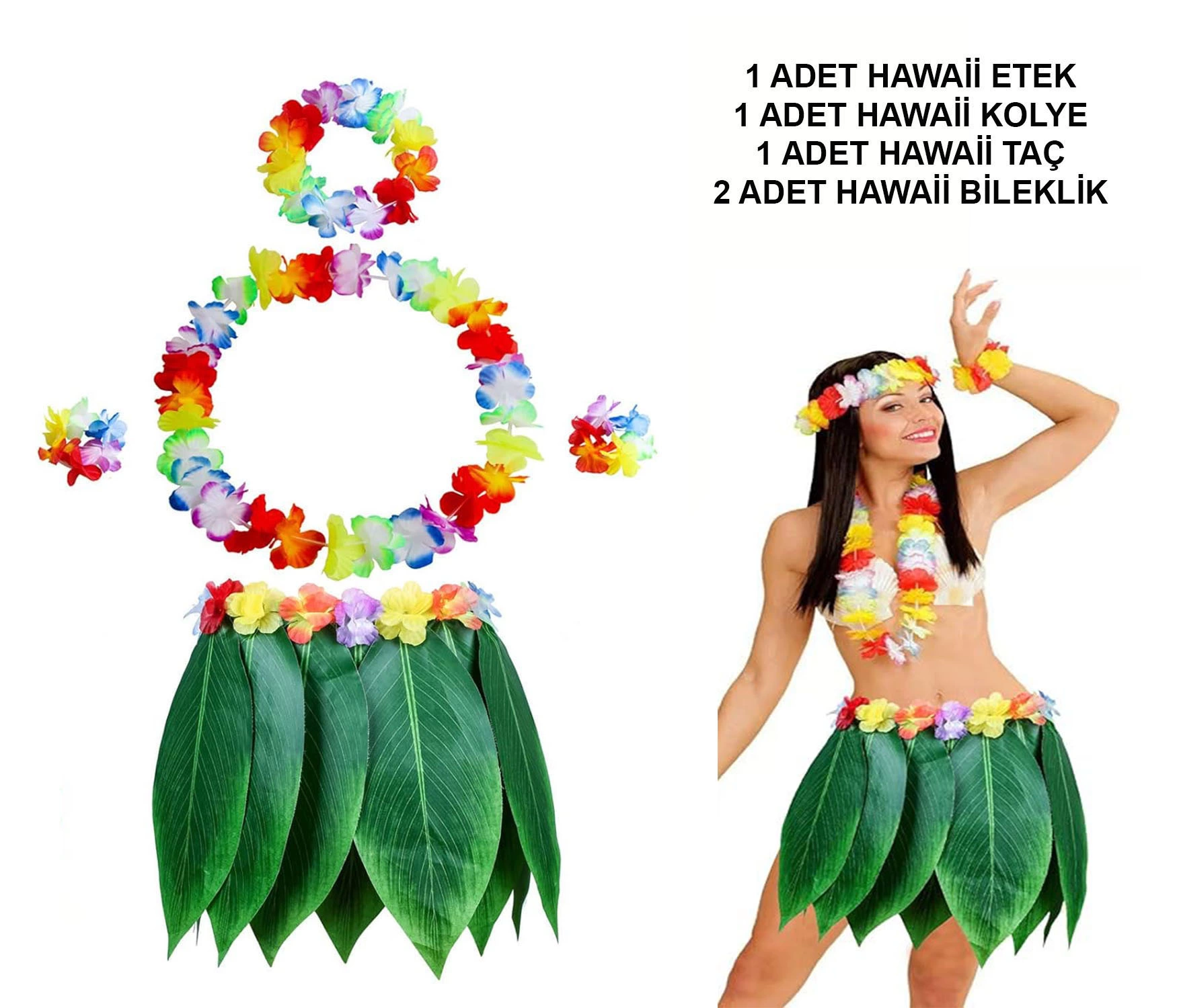 Yetişkin Hawaii Kostüm Seti - Yaprak Etek  Hawaii Set - 5 Parça
