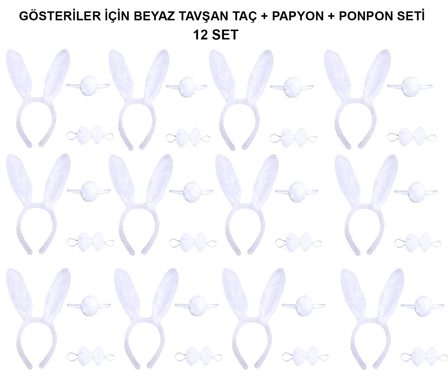 Beyaz Tavşan Kostüm Seti – Taç, Papyon, Kuyruk (12’li Paket)