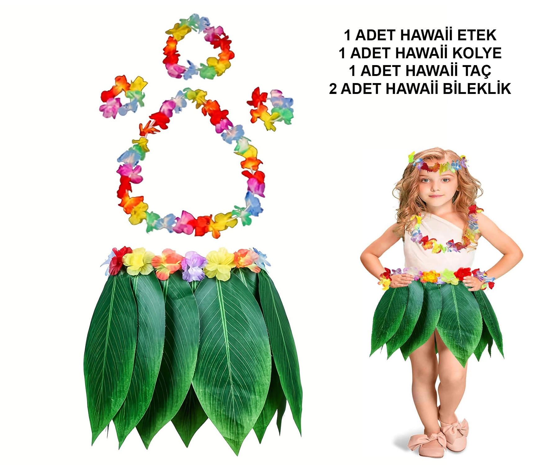 Çocuk Hawaii Kostüm Seti - Yaprak Etek  Hawaii Set - 5 Parça