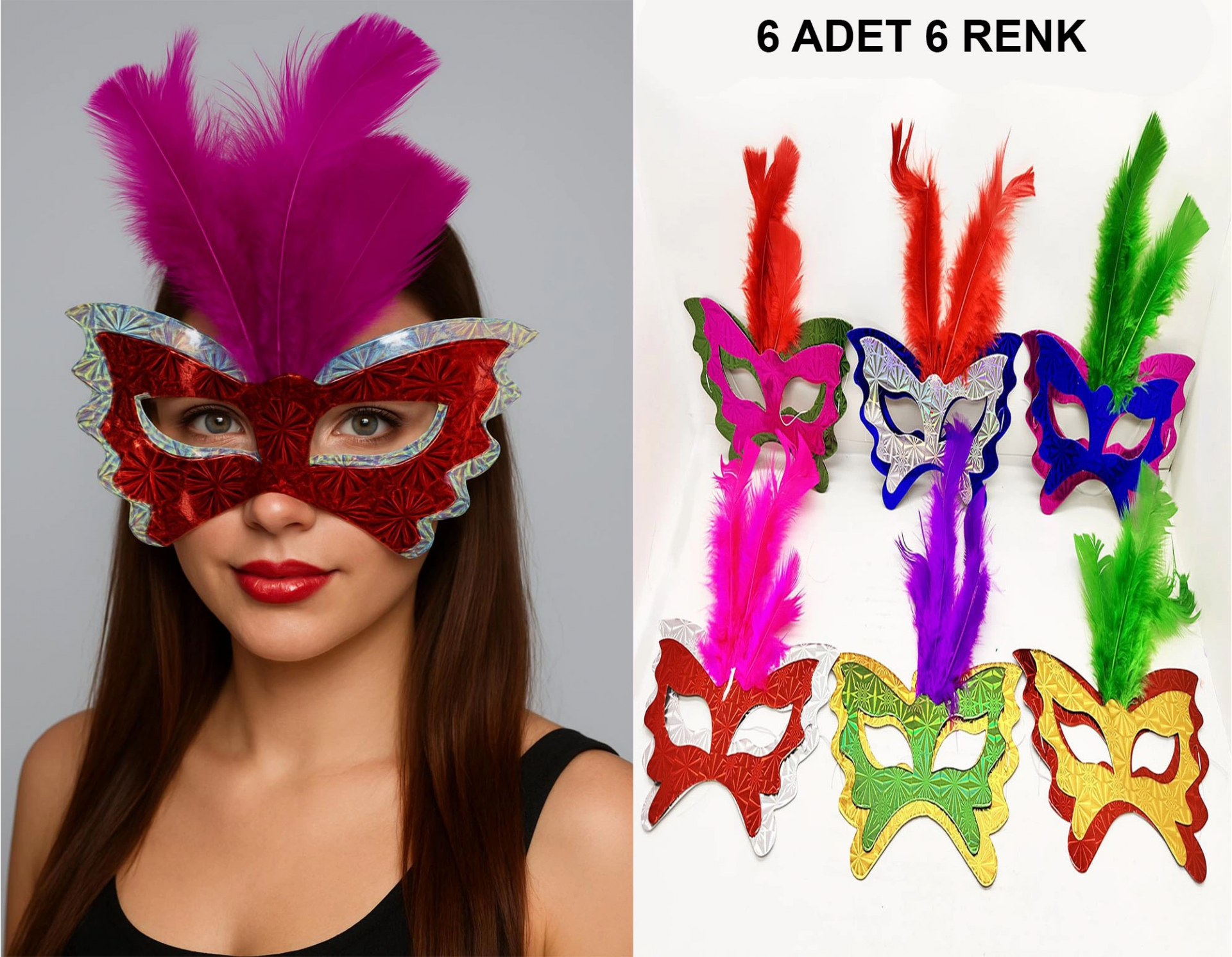 Renkli Parti Maskesi 639lı | Tüylü Karton Maske Seti (lastikli)