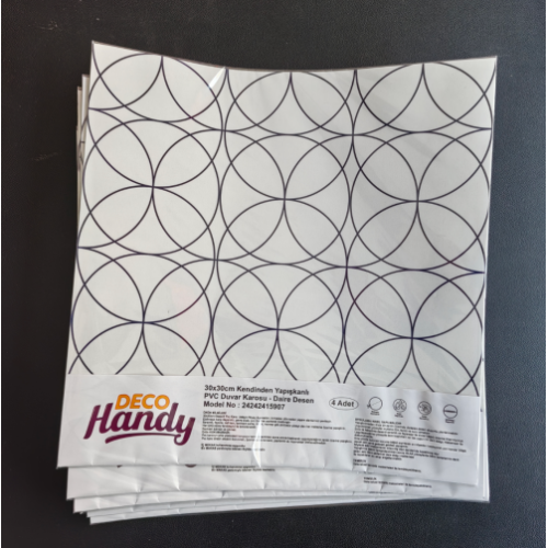 DecoHandy  Pvc Yer Karosu 30x30cm 4'lü Paket - Siyah Daire Geometrik Desen  0,36m2